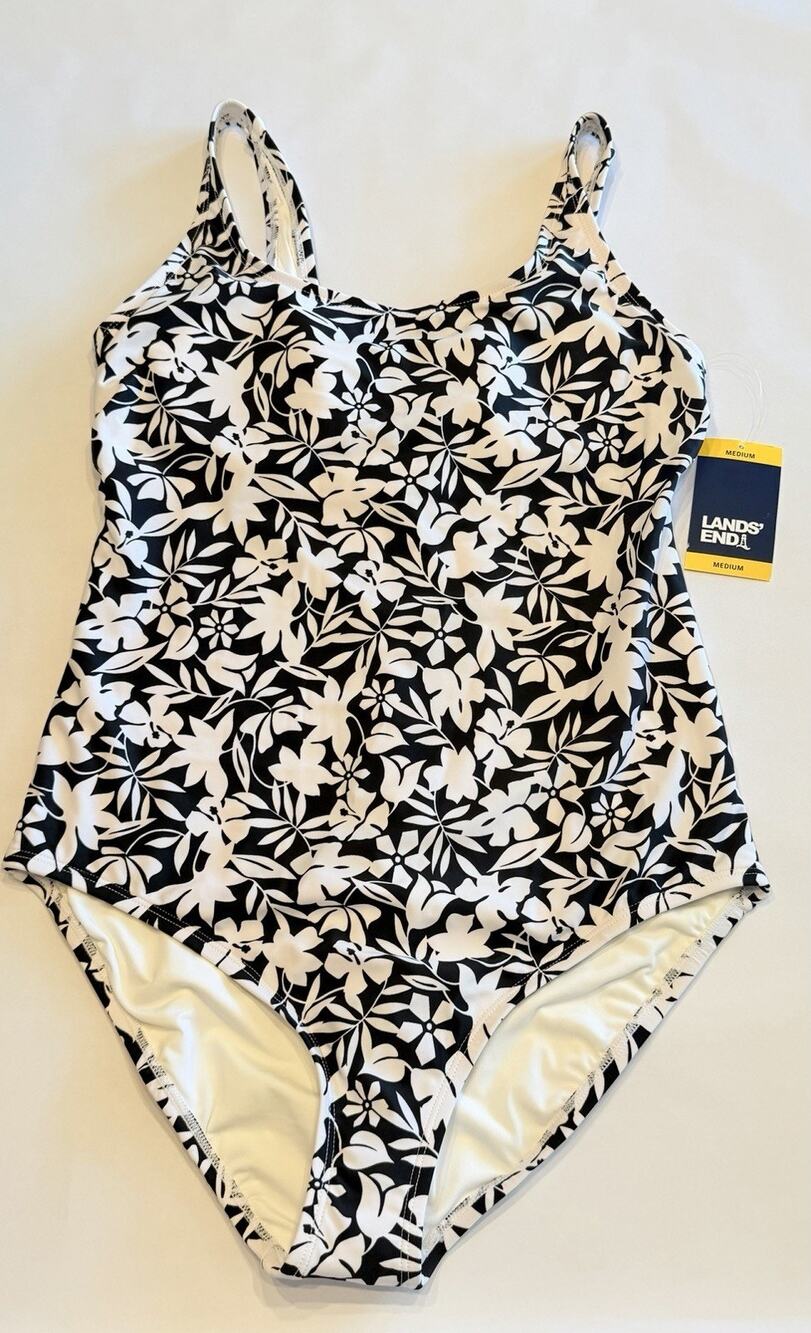 Lands' End Women's One-Piece Swim Suit, Black & White Floral, Medium (A0127)